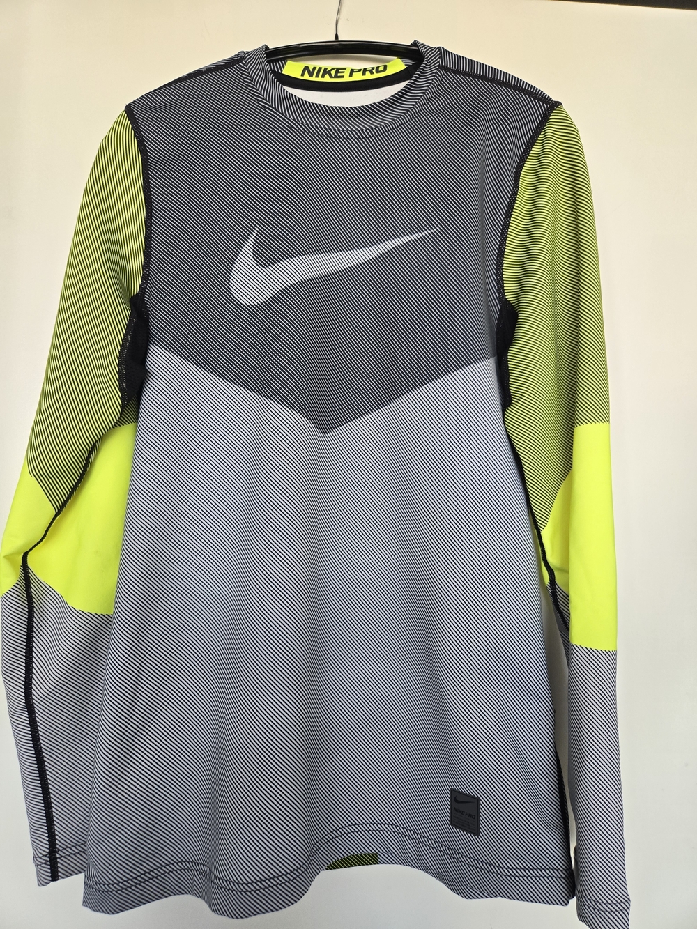 Nike Pro Mens Small Long Sleeve Compression Shirt Grey Neon Volt Dri-Fit Top